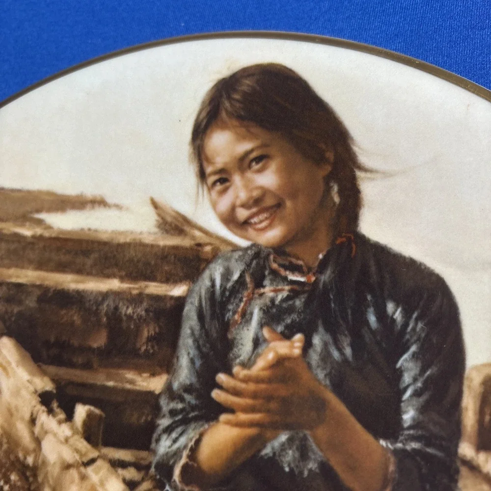 Kee Fung Ng Collector Plate Girl with Brother & Sampan Girl Gold Trim Lot Of 2